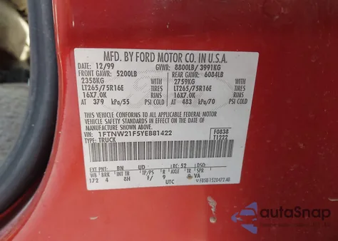 2000 Ford F-250 Lariat/Xl/Xlt z USA, uszkodzony, nr VIN 1FTNW21F5YEB81422